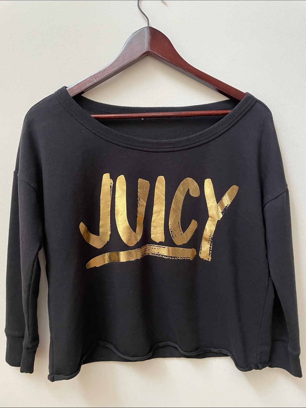Juicy Couture Cropped Cutoff Black Sweatshirt with Metallic Gold 'JUICY' Logo